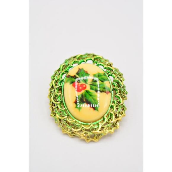 Tancer II Christmas Pin Brooch Holiday Red Berry Mistletoe Gold Signed BinAL - Picture 4 of 12